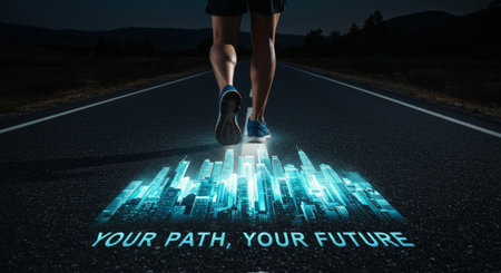 A vibrant poster featuring a determined jogger amidst illuminated skyscrapers, urging viewers to pursue their dreams of selfgrowthの素材