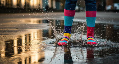 A vibrant young person dons brightcolored socks as they splash playfully in a muddy puddle, creating an adorable scene of joy and colorの素材
