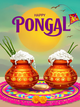 Digital greeting card celebrating the Pongal festival with traditional elementsの素材