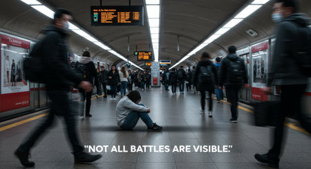 A busy subway station shows unseen battles and personal struggles in public spaces, emphasizing that not all battles are visibleの素材