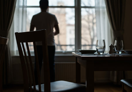 A cozy scene of a seated individual gazing at cityscapes while preparing to enjoy a meal indoorsの素材