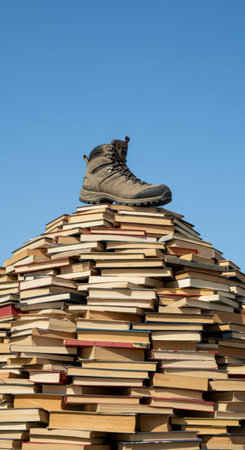 A boot symbolizes wisdom atop a pile of books, illustrating the idea that learning is like climbing up knowledge mountainsの素材