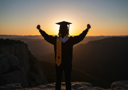 A person stands atop a mountain peak, raising their arms in celebration during sunrise while dressed in formal graduation attireの素材