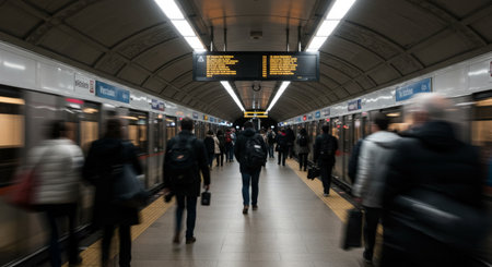 A bustling subway station during rush hour, commuters rushing to catch their trains amidst train arrivals and moving crowdsの素材