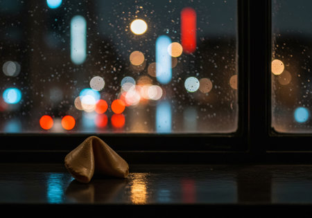 A whimsical fortune cookie nestled amidst a picturesque rainsoaked city skyline at duskの素材
