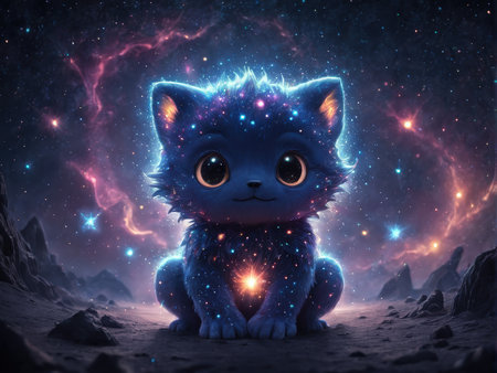 A cosmic kitten in a galaxythemed landscapeの素材