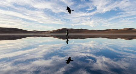 A person soaring through the air above the shimmering desert sky, their silhouette reflecting in the vast expanse below like a delicate feathered danceの素材