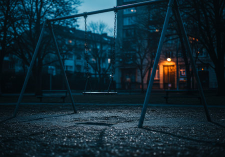 A lone swing set stands in twilight, hinting at abandonment and solitudeの素材