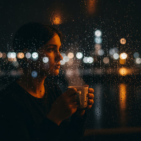 A cozy scene of a person enjoying coffee under a rainswept windowの素材