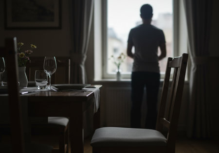A man gazes out his window at home, capturing the serene moment of everyday lifeの素材
