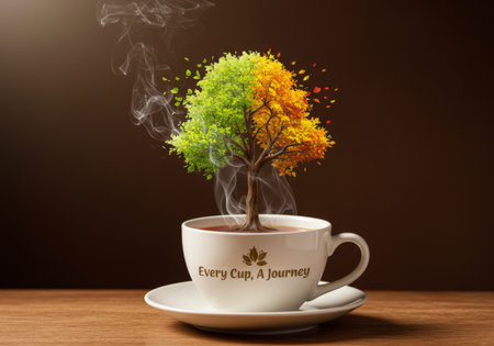 A serene scene where a tree grows from within a teacup, representing the interconnectedness and growth of lifeの素材