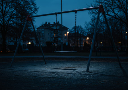 A serene blue hour scene at a playground with abandoned swings, capturing tranquility and natural beautyの素材