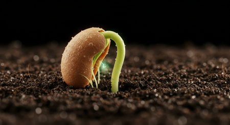 A bean sprout bursts through a bagels crust in rich, earthy soil, symbolizing new beginnings and growthの素材
