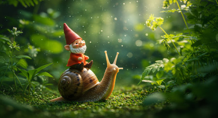 A whimsical scene of a garden gnome atop a slowmoving snail as it navigates through lush greeneryの素材