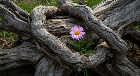 A vibrant pink blossom nestled among an ancient, gnarled tree trunk, its golden center adding a touch of warmth and beauty to the natural settingの素材