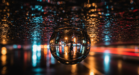 A city street drenched in rain, reflected through a tiny water droplet and illuminated by a person carrying an umbrellaの素材