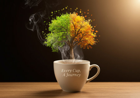 A cozy cup of tea nestled among lush greenery, natures tranquility in every sipの素材