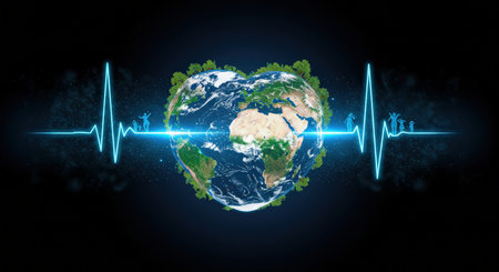 A digital depiction of the Earth with a heart pulse line representing global unity and healthの素材