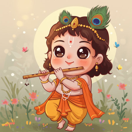 A cheerful child plays their flute in a garden filled with vibrant flowers and fluttering butterflies, capturing joy and beautyの素材