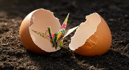 A broken eggshell containing a vibrant origami crane symbolizing rebirth and transformation in new beginningsの素材