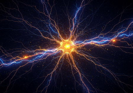 A vivid illustration showcasing the intricate workings of a neuron through electrical current dynamicsの素材