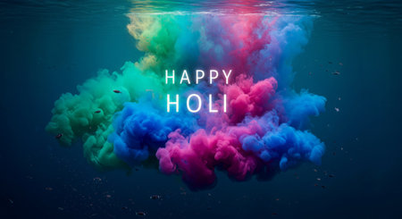 A vibrant celebration of Holi, where people dance under colorful smoke and exchange joyous wishesの素材
