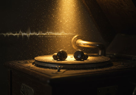 Vintage audio gear comes alive with earbuds playing music through a glowing hornの素材