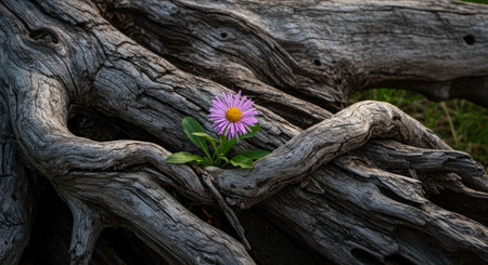A delicate pink bloom emerges amidst a chaotic network of gnarled tree rootsの素材