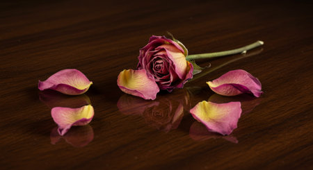 A solitary wilting rose with scattered petals left behind on a wooden floor, evoking a sense of loss and decayの素材