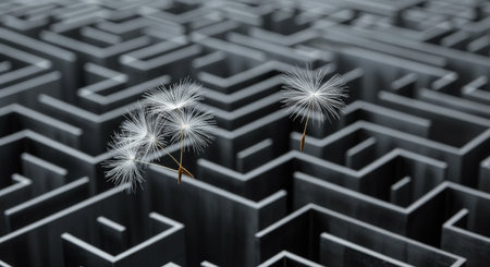 A maze with dandelions as symbols of risktaking, illustrating the need to make bold decisions over cautious logic when tackling problemsの素材