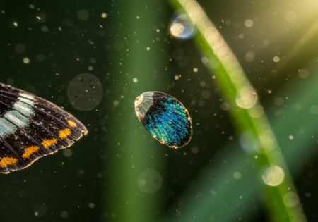 A vibrant butterfly with intricate patterns of green, blue, black, and yellow flutters gracefully in an unclear background, highlighting its delicate beautyの素材