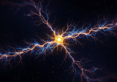 A striking visual representation of the immense energy and interconnectedness within neurons, symbolizing their role in transmitting information across the brainの素材