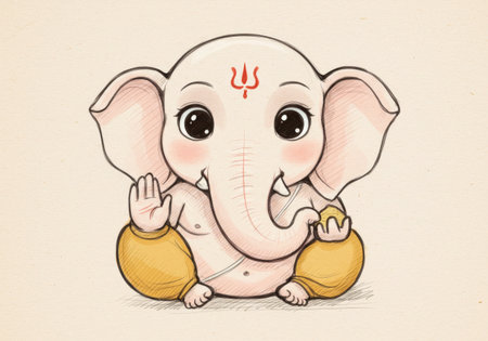 A delightful illustration of a cuddly baby elephant in a whimsical scene, featuring vivid browns and subtle reds for added charmの素材