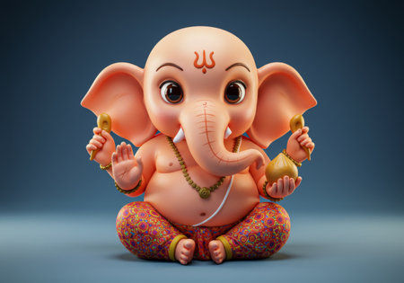 A beautifully adorned elephantheaded deity, representing the Hindu god Ganesha, stands gracefully in a serene settingの素材
