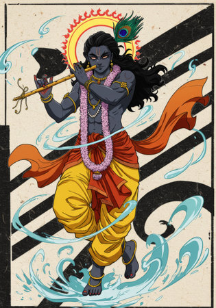 A mythical musician plays his flute in a mesmerizing water illusion, evoking serene and ethereal soundsの素材