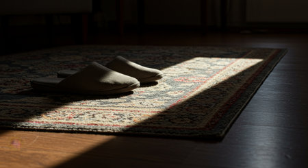 A cozy afternoon scene with a pair of slippers and natural light, inviting tranquility in a domestic settingの素材
