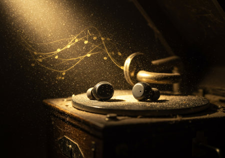Vintage record player plays music while earbuds rest in space above it, evoking nostalgia and wonderの素材