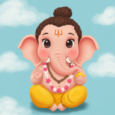 A vibrant depiction of Lord Ganesha, featuring his playful smile and distinctive features, surrounded by floral decorations, creating an uplifting atmosphere within the blue sky baの素材