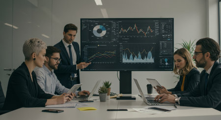 A group of professionals meticulously analyze financial data on a large screen, fostering collaboration and focus in an office settingの素材