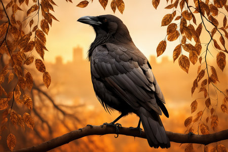 A dramatic autumn scene featuring a raven on a tree branchの素材