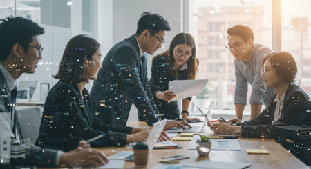 A bustling business meeting in an immersive holographic cityscape setting, blending technology and urban lifeの素材