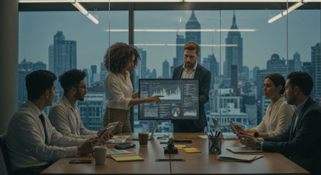 Business professionals meticulously analyze data on their screens, demonstrating analytical prowess and efficiency in decisionmaking processesの素材