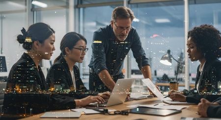 Two collaborative teams hard at work on a project, illuminated by city lights peeking through a transparent wallの素材