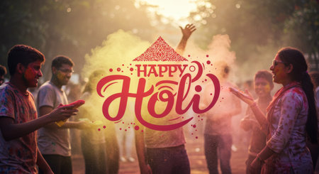 People of all ages gather to celebrate Holi with vibrant colors and joyous laughterの素材
