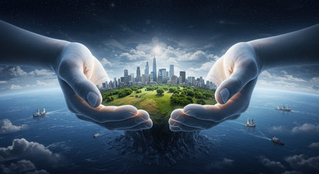Protective hands safeguarding a miniature model of an urban landscape surrounded by nature and maritime elementsの素材
