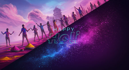 A colorful celebration of the Holi festival, featuring joyous revelers and an eyecatching backdropの素材