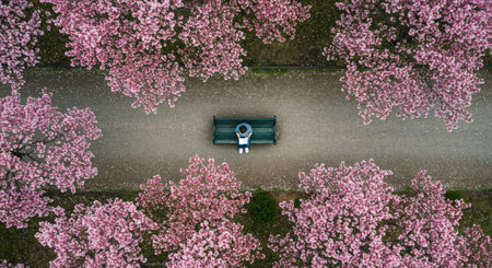 Aerial view of cherry blossom trees in the park in springの素材