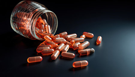 spilled red capsules on a dark surfaceの素材