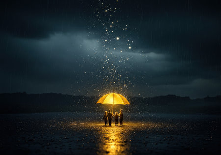 A group stands under a glowing umbrella in the rain at nightの素材