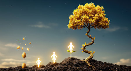 Conceptual image with tree growing out of soil and golden coinsの素材